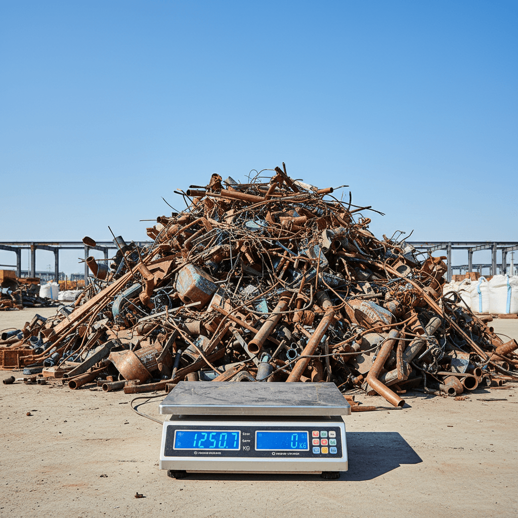 Copper scrap pile and digital scale on a job site with blue sky background