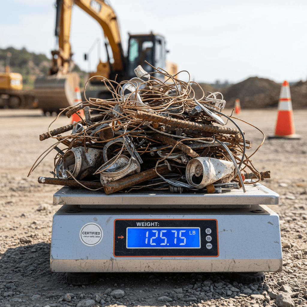 Close up of a scale weighing scrap metal