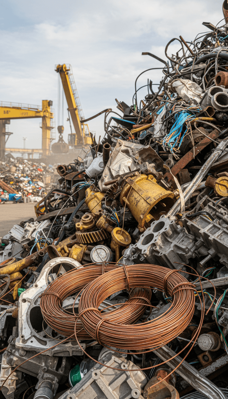Pile of copper wire and scrap metal at a recycling facility