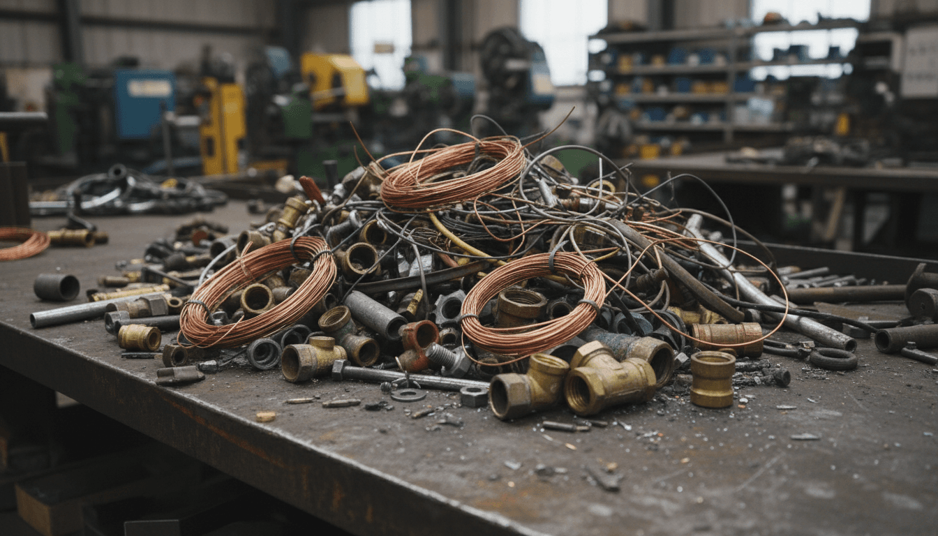Pile of scrap copper and brass wires on a workbench