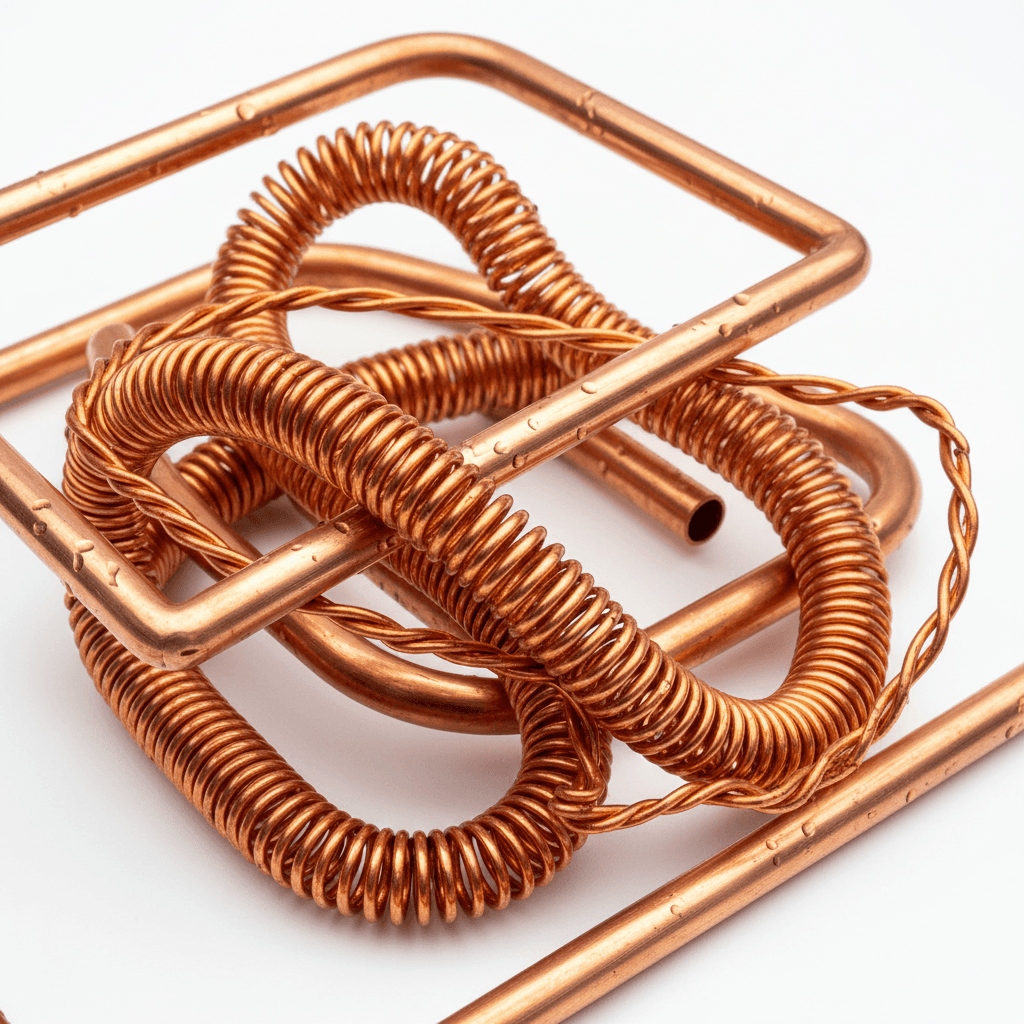 Close up of bright copper wire and tubing on a white background