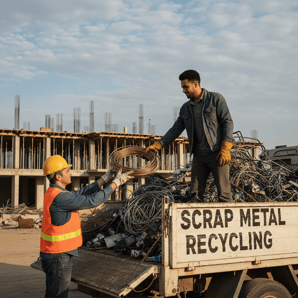 Construction worker handing copper tubing to a recycler in a flatbed truck
