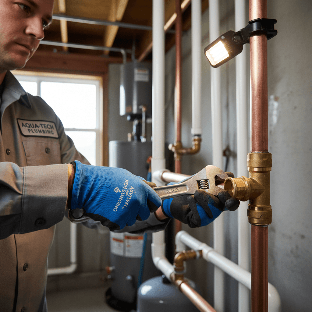 Worker holding copper pipe at a job site