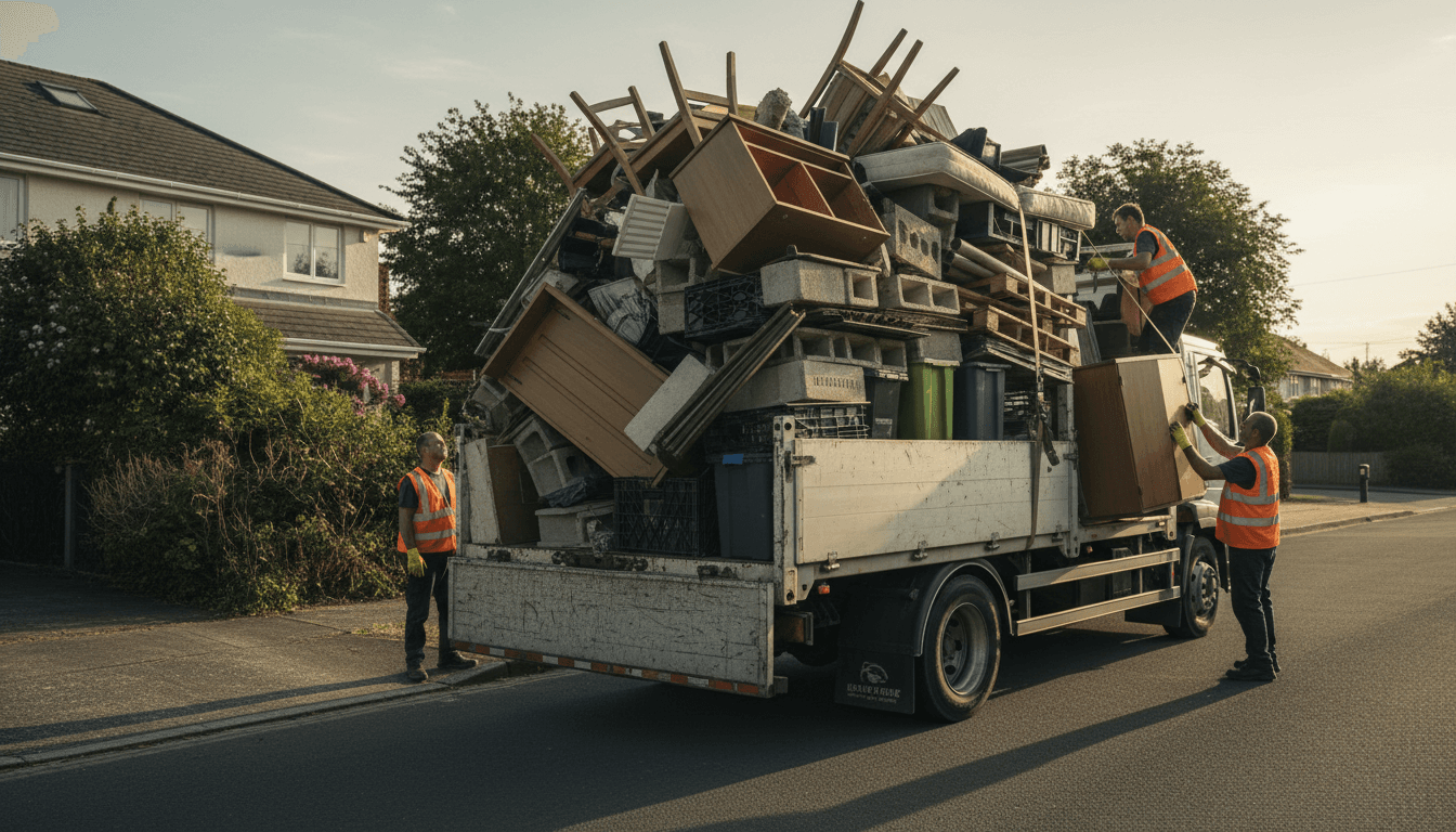 Demolition contractor with scrap metal at a renovation site