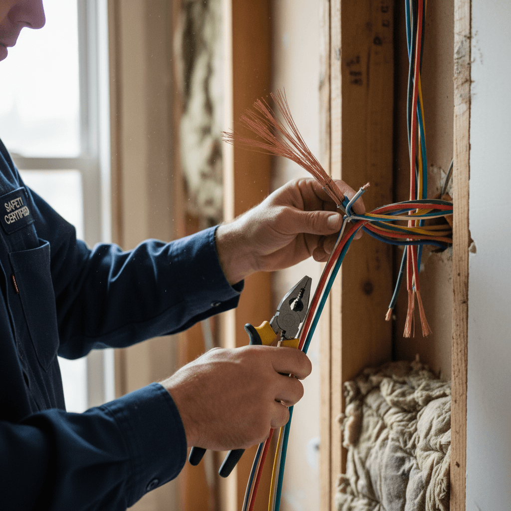 Electric contractor with copper wire next to a work van at a commercial building