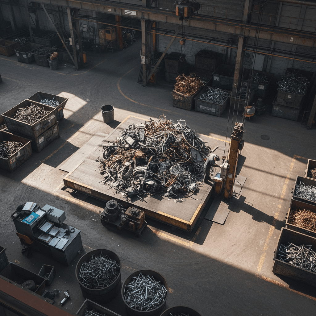 Recycling professional weighing scrap metal on portable scale
