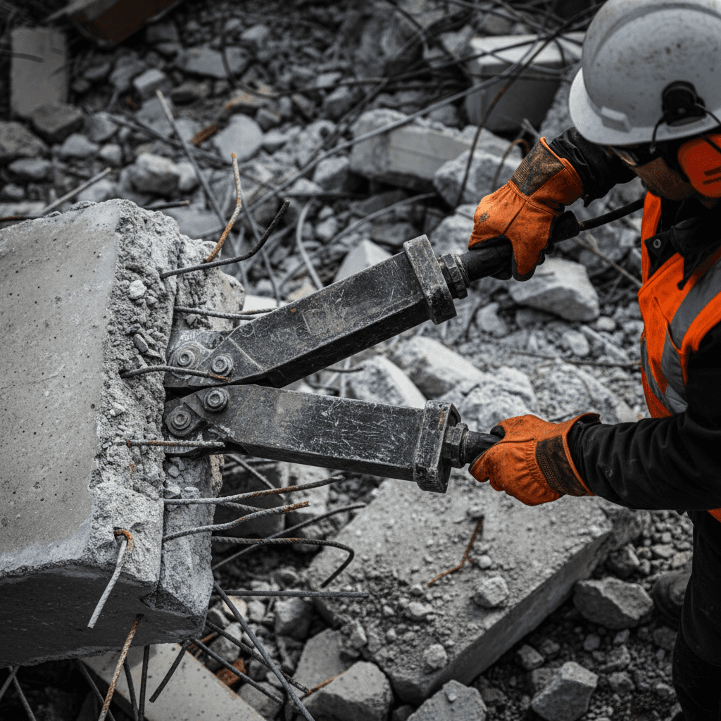 Demolition crew piling scrap steel for recovery